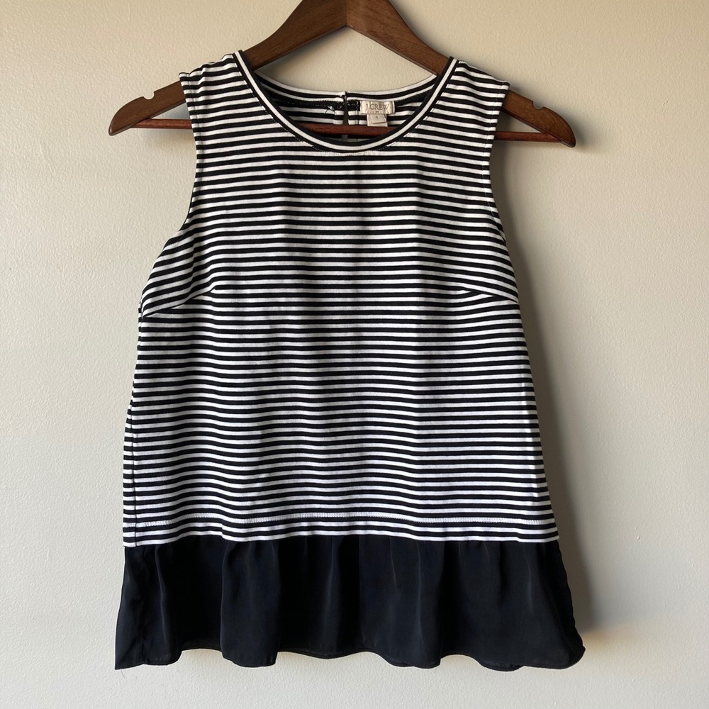 J.Crew Black White Striped Ruffle Hem Sleeveless Top G2688 Womens Small